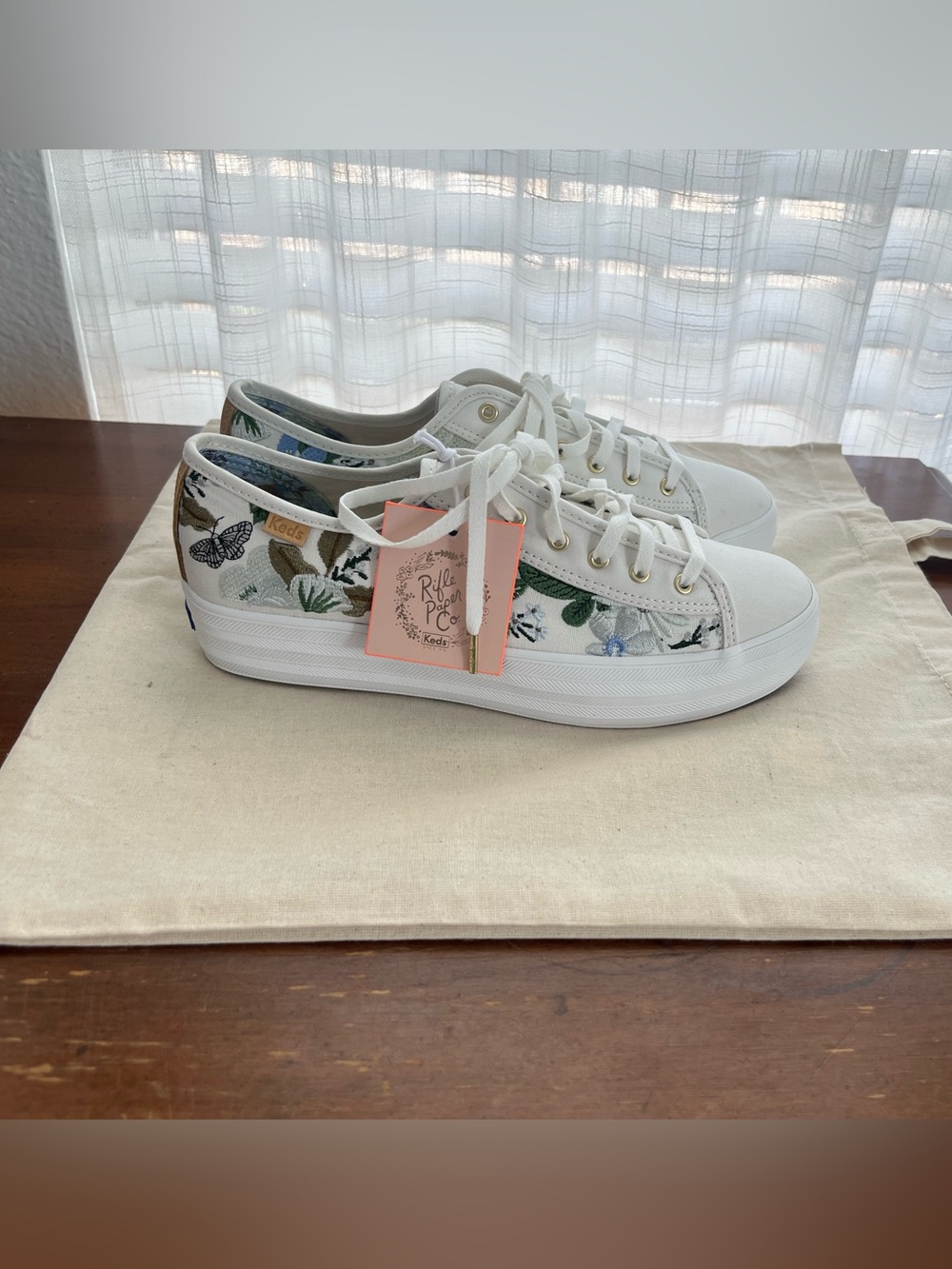 KEDS White Canvas Platform Sneaker with Blue Floral Embroidery, New with Tags